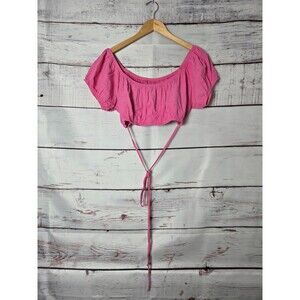 Princess Polly Womens Carrington Top Size 10 Pink Puff Sleeve Wrap Tie Crop NWT